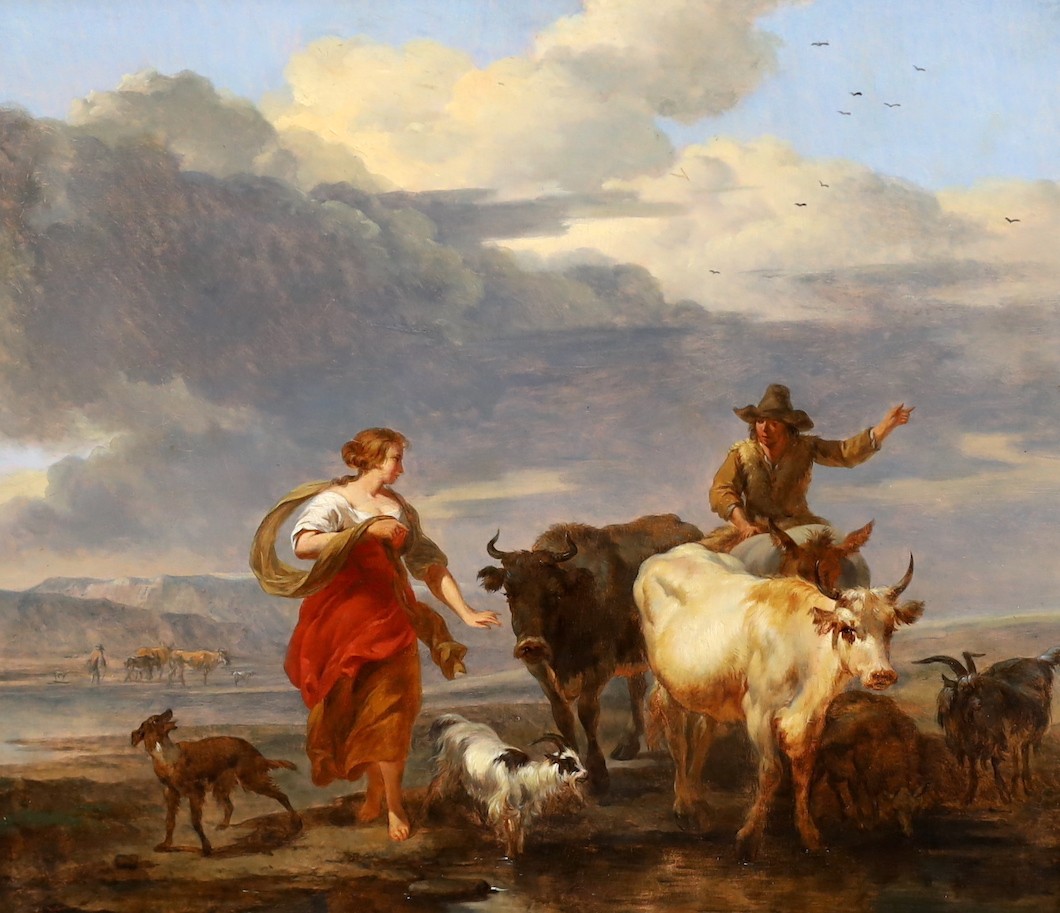 Nicholaes Bercham (Dutch, 1620-1683), A pastoral landscape with figures, cattle, goats and a dog, oil on panel, 32 x 36cm